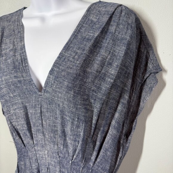 Max Studio Womens Chambray Dress Large Linen Blend V-Neck Coastal Cottagecore - Picture 9 of 12